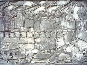 This bas relief at the late 12th century Angkorian temple called the Bayon depicts Cham mariners in action against the Khmer.